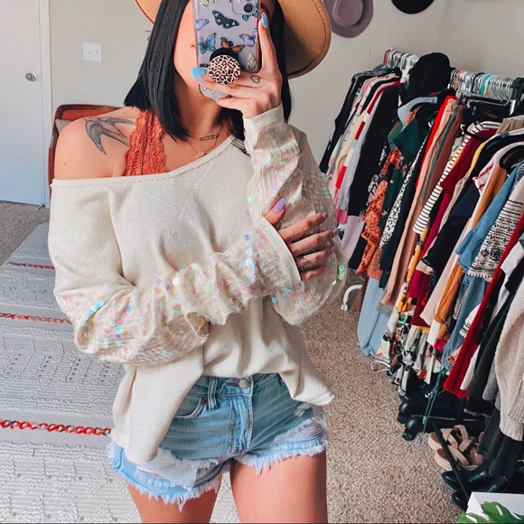 Free People Tops - Free People Ivory Sequin Sleeve Slouchy Sweatshirt